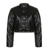 Christmas Gift Streetwear Turtleneck Quilted Black PU Leather Jacket Autumn Winter Parkas Coat Thick Puffer Bubble Crop Overcoat New