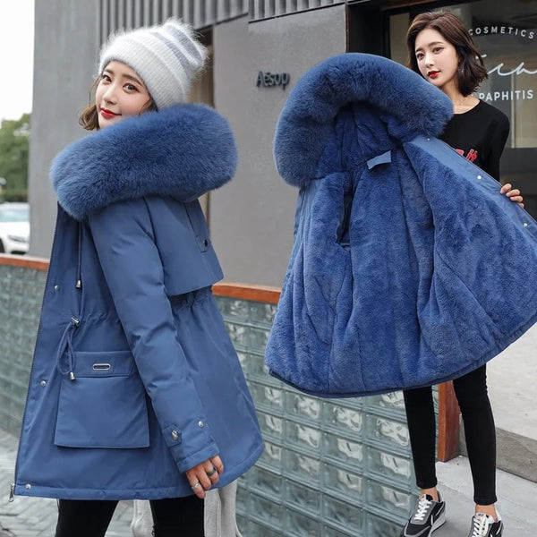 Kukombo 2023 New Winter Jacket Warm Fur Collar Thick Overcoat Fashion