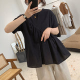 Christmas Gift Shirts Women O-neck Short Sleeve Pockets Asymmetrical Loose Solid Simple All-match Korean Style Daily Ladies A-line Female Tops