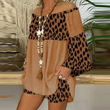 Summer Vintage Leopard Patchwork Outfits Set Cotton Linen Shirt Tops And Loose Shorts Suit Casual 3/4 Sleeve Women Two Piece Set-0406