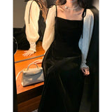 Graduation Gift Big Sale 2023 Spring Black Velvet Dress Women Square Collar Vintage One Piece Dress Korean Office Lady Elegant Midi Dress Party Evening