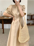 Kukombo New 2022 Women Summer Dresses Lace Up Vintage Puff Sleeve High Waist Elegant Korean Style Pure Lady Long Dress DR1338