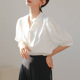 Christmas Gift white shirt women summer short sleeve v-neck shirt lantern sleeve tops 9136#