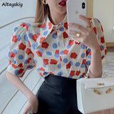 Christmas Gift Shirts Women Print Turn-down Collar Puff Sleeve Summer Fashion Loose Leisure Single Breasted Ladies Tops All-match Chic Popular