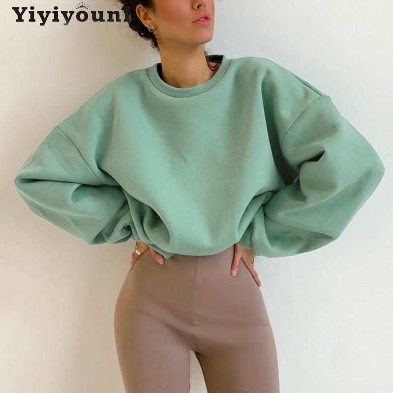 Christmas Gift Yiyiyouni Autumn Winter Fur-Liner Oversized Sweatshirt Women Casual Thickening Fleece Pullovers Female Soft Warm Green Tops 2021