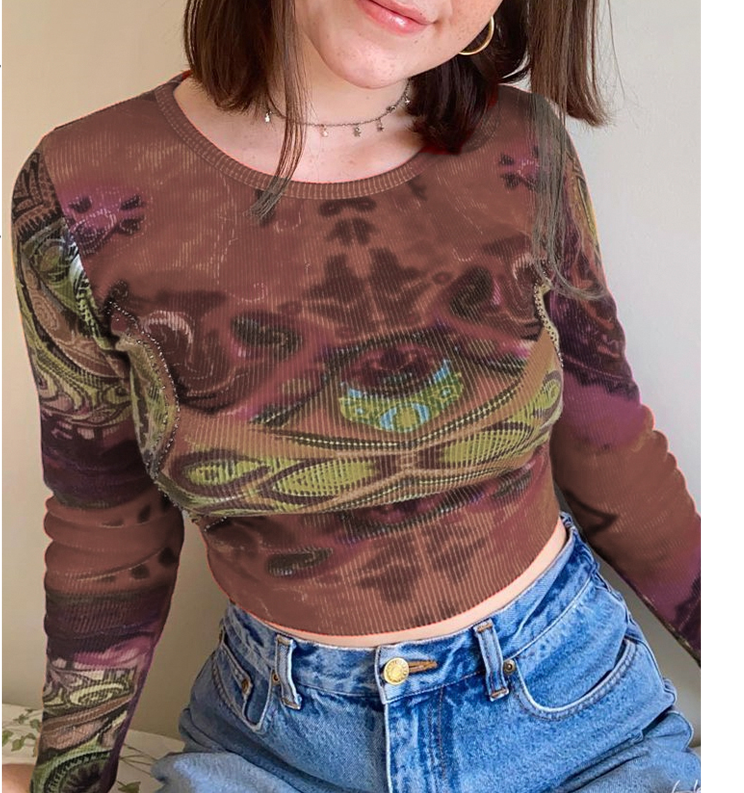 Kukombo Rockmore Fairy Grunge Long Sleeve T-shirt Women Vintage Knitted Crop Top Tee Autumn Korean Tie Dye Print E Girl T Shirt 90s