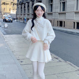 Kukombo  Winter Kawaii Mini Skirt Women White Velvet Sweet Party Mini SKirt Female Koeran Fashion Designer Lace Patchwork Cute Skirt 2022 K119