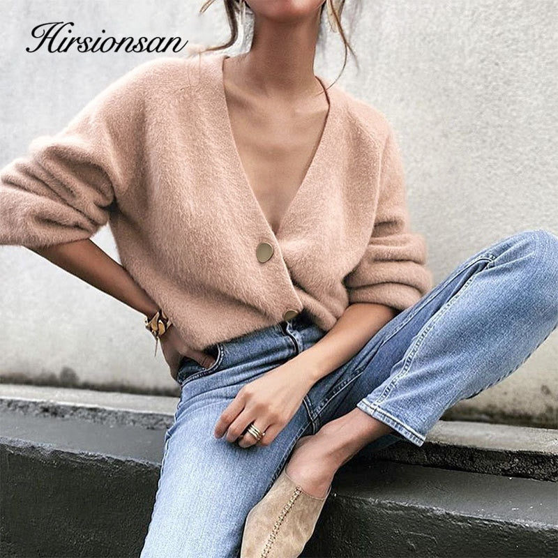 Christmas Gift Hirsionsan Elegant Long Sleeve Mohair Sweater Women 2020 New Single-Breasted Female Short Cardigan Soft Flexible Knitted Outwear