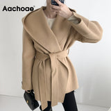 Christmas Gift Women Solid Color Wool Coats With Belt Long Sleeve Hooded Pockets Coats Female Chic Elegant Outerwear