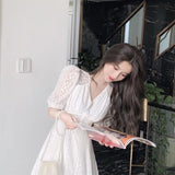 Kukombo Elegant V-neck Midi Dress Women Summer Puff Sleeve White Casual Party Dress Female Office Kawaii Lace One-piece Dress Korean Y2k