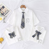 Kukombo Summer Cute Rabbit Women Blouses Shirt Short Sleeve White Tops With Tie Bow Japanese Korean JK Style Female Shirts Lapel Blouses