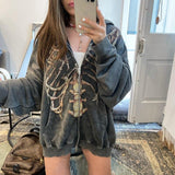 Kukombo Punk Vintage Oversized Hoodie E-girl Gothic Grunge Skull Print Zip-up Long Sleeve Sweatshirt Coat Jacket Women Harajuku Clothes-1118