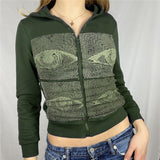 Thanksgiving Gift Dourbesty Zip Up Hoodies For Women Y2k Vintage Graphic Sweatshirt Abstract Printed Top E-Girl 90S Streetwear Coat With Pockets