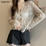 Kukombo Shirt Women Lace Summer Sun-Proof Simple Sexy Female Clothing Sheer Tops Preppy V-Neck Casual Trendy Harajuku Basic Korean New