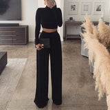 New Fashion Spring Women's Tracksuit Solid Long Sleeve Cropped Top Two-Piece Suits High Waist Loose Wide Leg Pants Set