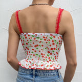 Kukombo Cherry Printed Cute Ruffles Crop Tops For Women Streetwear Sexy V-Neck Mesh Female Tank Tops Summer Aesthetic Tops Lady
