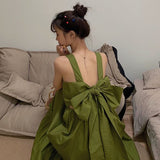 Kukombo 2022 Fashion Elegant Green Dresses New Summer Sling Sweet Dress Sexy Backless Bow Tie Lace Up Clothe Women Vestiods