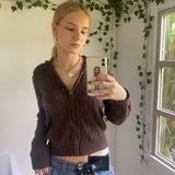Kukombo Casual Brown Knitted Cardigan Women Korean Fashion Zip Up Hoodies Sweaters Autumn Winter Solid Jumpers Knitwear