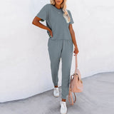 Kukombo  Women Casual Solid Suits Fashion Short Sleeve Pullover Top And Long Pants Jogging Two Piece Set Female Streetwear Tracksuits