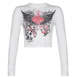 Rockmore Vintage Print T-shirt Women Aesthetic Long Sleeve Crop Top Autumn E Girl Casual Basic Tee Shirt 90s Grunge Fairycore