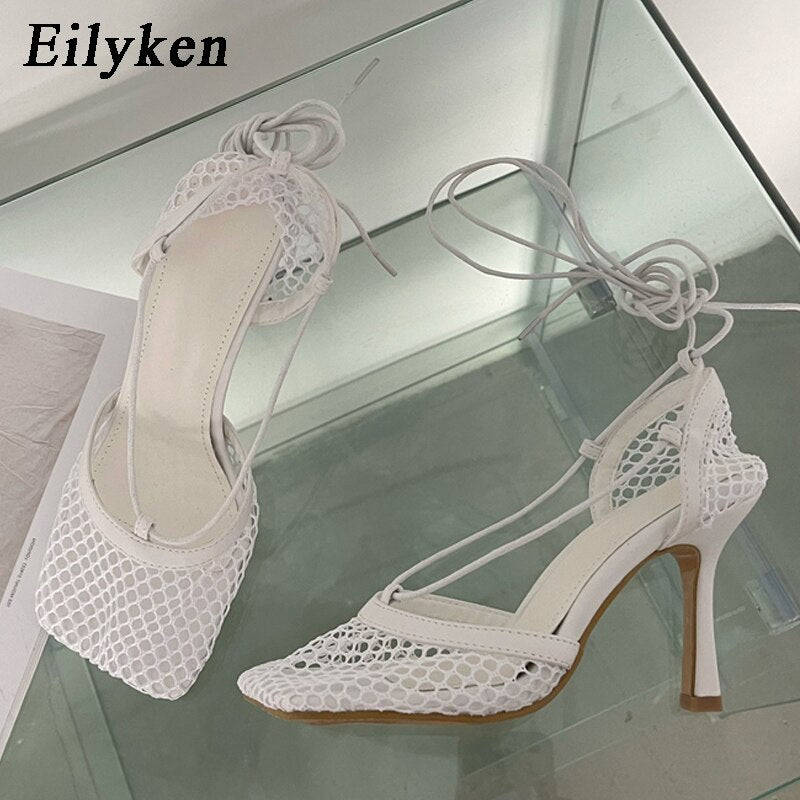 Christmas Gift Eilyken Summer Autumn Sexy Mesh Pumps sandals Female Square Toe high heel Lace Up Cross-tied Stiletto hollow Dress Pumps shoes
