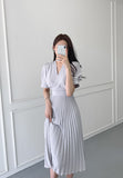 Kukombo High Quality New Women Summer Clothes Elegant V-Neck Slim Office Lady Casual A-Line Bandge Pleated Dress Vestidos