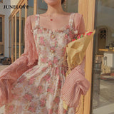 Kukombo  JuneLove Women Summer Print Floral Midi Dress Vintage Franch Style Female Strapless Party Dress Casual Holiday Lady Boho Vestido
