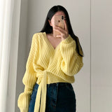 Kukombo Women Sweater Oversized Cardigan 2021 Fall Long Sleeve Coarse Yam Knitted Solid Plus Size Clothes V Neck Casual Lace Up