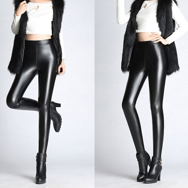Christmas Gift BGTEEVER Spring Autumn Winter Soft PU Leather Pant Women Velvet Pants Warm Stretch Skinny Trousers Pencil Leather Leggings
