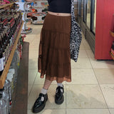 Kukombo y2k Fairy Grunge Kawaii High-Waisted Vintage Brown Long Pleated Skirt Midi Skirt Women Korean Harajuku Retro Mall Goth Clothes