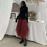 Kukombo Gothic Gray Tulle Long Irregular Pleated Skirts Elastic High Waist A-Line Mesh Midi Skirts Vintage Punk Streetwear Streetwear