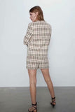 Kukombo Vintage Tweed Plaid Tassels Blazer Suits Set Women Autumn Long Sleeve V Neck Blazer Coats And Skirt Shorts Two Piece Outfits New