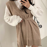 Christmas Gift New 2021 Spring Autumn Women Dresses V-Neck Split Knitted Lace Up Sleeveless Korean Style Elegant Lady Dress DR18213