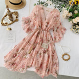 Kukombo Women Chiffon Dress 2022 Summer Sexy V-neck Flare Sleeve Floral Sweet Tulle Dress Elegant Ladies Irregularity Robe