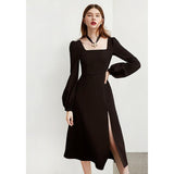 Kukombo Black Retro Split Dress Women Elegant Midi Designer Dress Female Long Sleeve Hepburn Style Chiffon Vintage Dress Fall 2022 Women K105