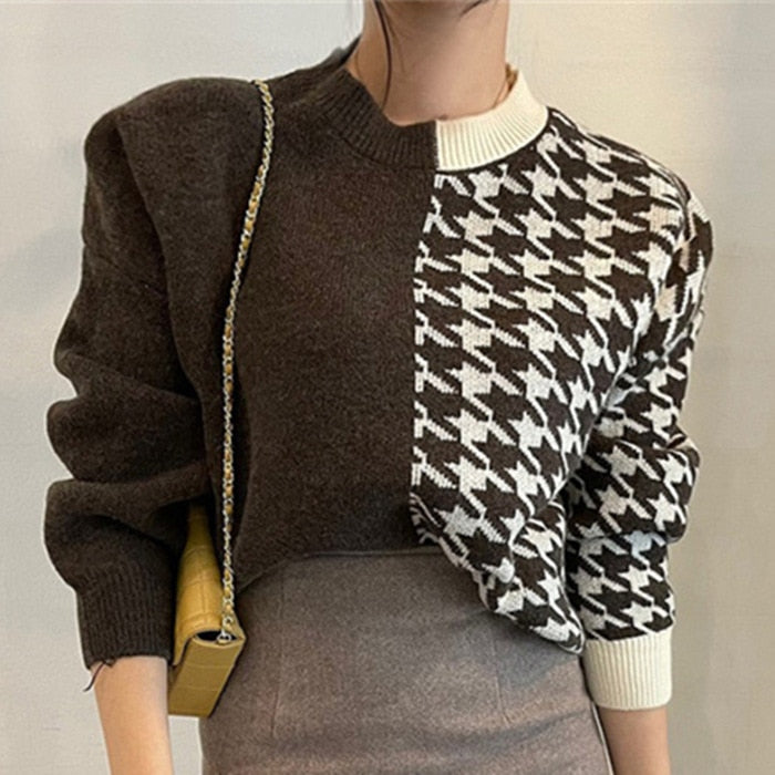 Christmas Gift New 2021 Women Autumn Winter Sweaters Knitted Checkered Warm Thicken Fashionable Wild Vintage Pullovers Tops SW1555JX