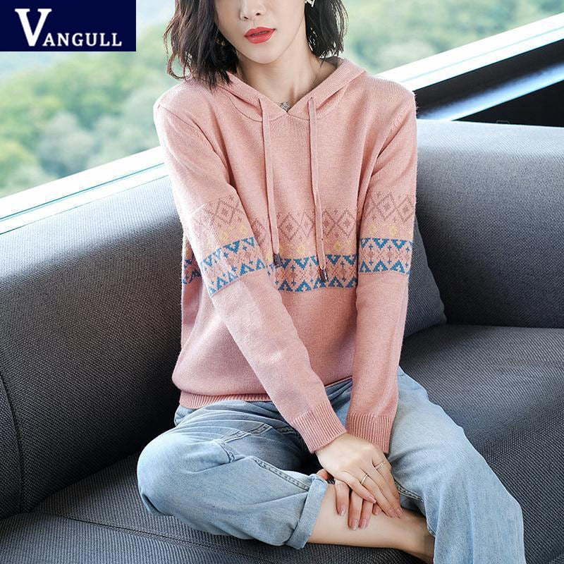 Christmas Gift Print Hooded Knitted Women's Sweater Autumn Winter Loose Pullovers Female Long Sleeve Drawstring  Casual Warm Sweater