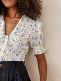 Kukombo Floral Print Shirt Female Lace Blouse V-Neck Notched New All-Match Gentle Fashion Short Sleeve Summer Top