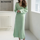 Christmas Gift BGTEEVER Casual V-neck Loose Female Long Knitted Dress Full Sleeve Side Split Autumn Winter Women Sweater Dress Vestidos