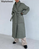 Christmas Gift Yiyiyouni Winter Thicken Belted Padded Parkas Women Cotton Loose Warm Down Jackets Female Long Bubble Coat Solid Overcoat 2021