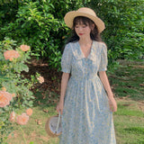Kukombo  2022 Summer Vintage Floral Dress Women Korean Elegant Sweet Cute Print Midi Dresses V-neck Lace French Holiday Cottagecore Dress