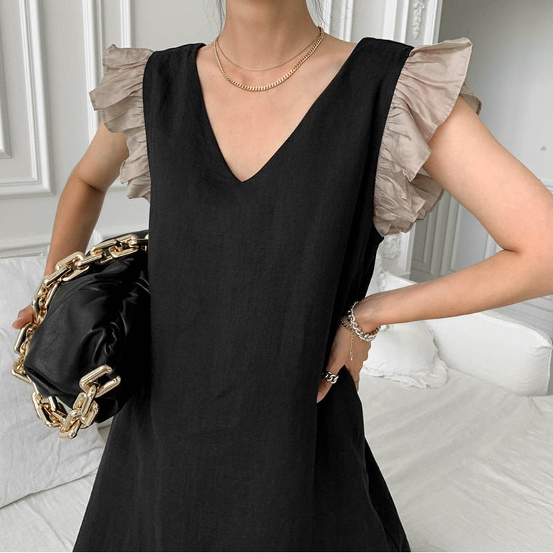 Christmas Gift Korean Chic Dress Summer Light Ripe Wind V-neck Sexy Dress Contrast Stitching Loose and Flying Sleeve Pleated Dress for Women