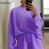 Nadafair 2020 Autumn Crewneck Sweatshirt Women Loose Casual Solid Oversized Hoodies Street Winter Clothes Pullover