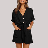 Kukombo  Women Summer Casual Buttons Jumpsuits 2022 Fashion Solid Pockets Jumpsuit With Belt V-Neck Short Sleeve Female Rompers Playsuit