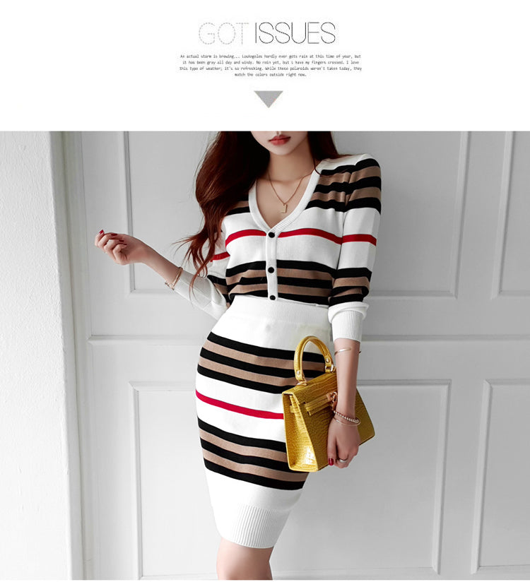 Graduation Gift Big Sale  New Autumn 2 Piece Suit Ladies Winter Knitting Striped Korea Long Sleeve V Neck Tops and Mini Skirt Sexy Set for Women Clothing