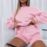 Kukombo Women Solid Tracksuits Casual Long Sleeve Pullover Sweatshirt And Drawstring Shorts Suits Fashion Loose Female Two Piece Sets