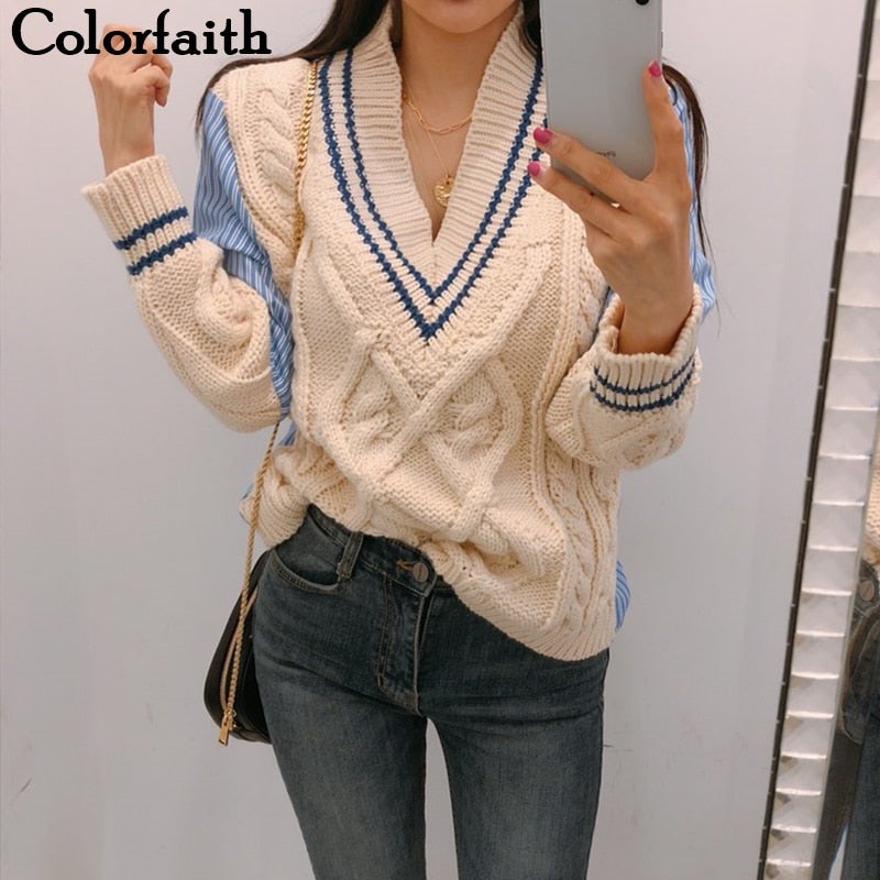 Christmas Gift 2021 Winter Spring Women's Sweaters Patchwork Srtiped V-Neck pullover Stylish Knitted Korean Female Jumpers SW1162