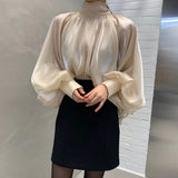 Kukombo Elegant Style Blouse Women Hot Sale All-Match Solid Color Blouse Spring -Neck Back Lace-Up Temperament Exaggerated Shirt