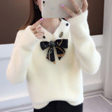 Christmas Gift 2021 New Autumn Winter Women Sweaters Knitted Jumper Bow Tie Pullovers Casual Sweaters Long Sleeve Slim Sweater Femme Pull P800