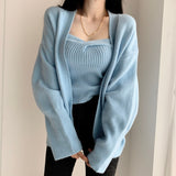 Kukombo  Two Pieces Sets Women Knitted Cardigan 2022 New Long Sleeve Knitwear Coat + Slim Basic One Word Collar Vest Autumn Sweater Suits